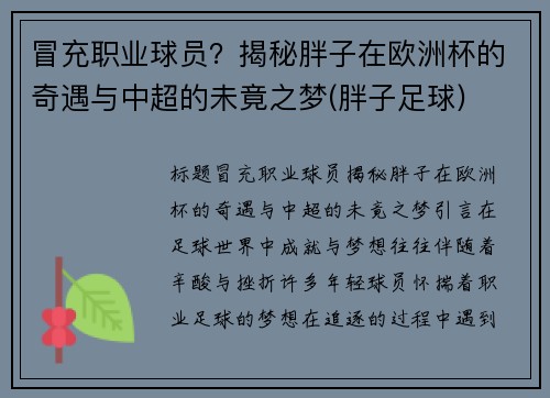 冒充职业球员？揭秘胖子在欧洲杯的奇遇与中超的未竟之梦(胖子足球)