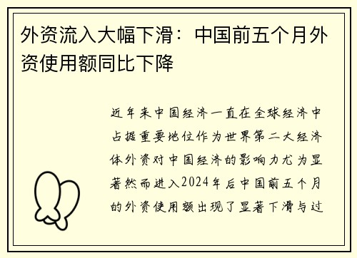 外资流入大幅下滑：中国前五个月外资使用额同比下降