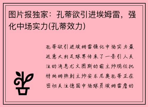 图片报独家：孔蒂欲引进埃姆雷，强化中场实力(孔蒂效力)