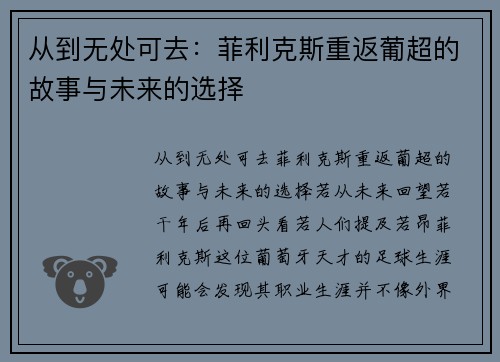 从到无处可去：菲利克斯重返葡超的故事与未来的选择