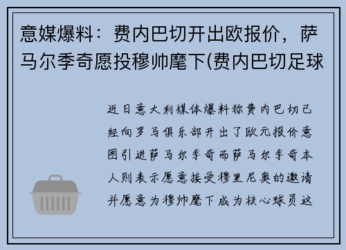 意媒爆料：费内巴切开出欧报价，萨马尔季奇愿投穆帅麾下(费内巴切足球俱乐部是哪个国家的)
