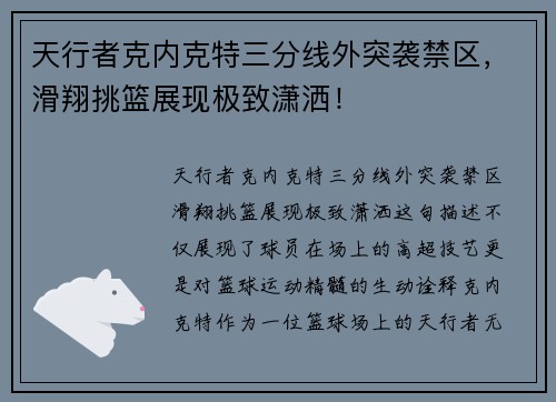 天行者克内克特三分线外突袭禁区，滑翔挑篮展现极致潇洒！
