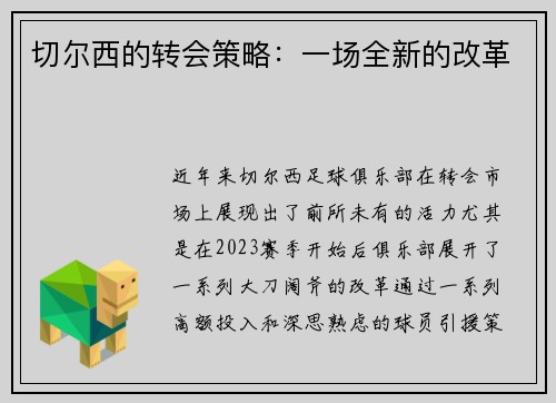 切尔西的转会策略：一场全新的改革